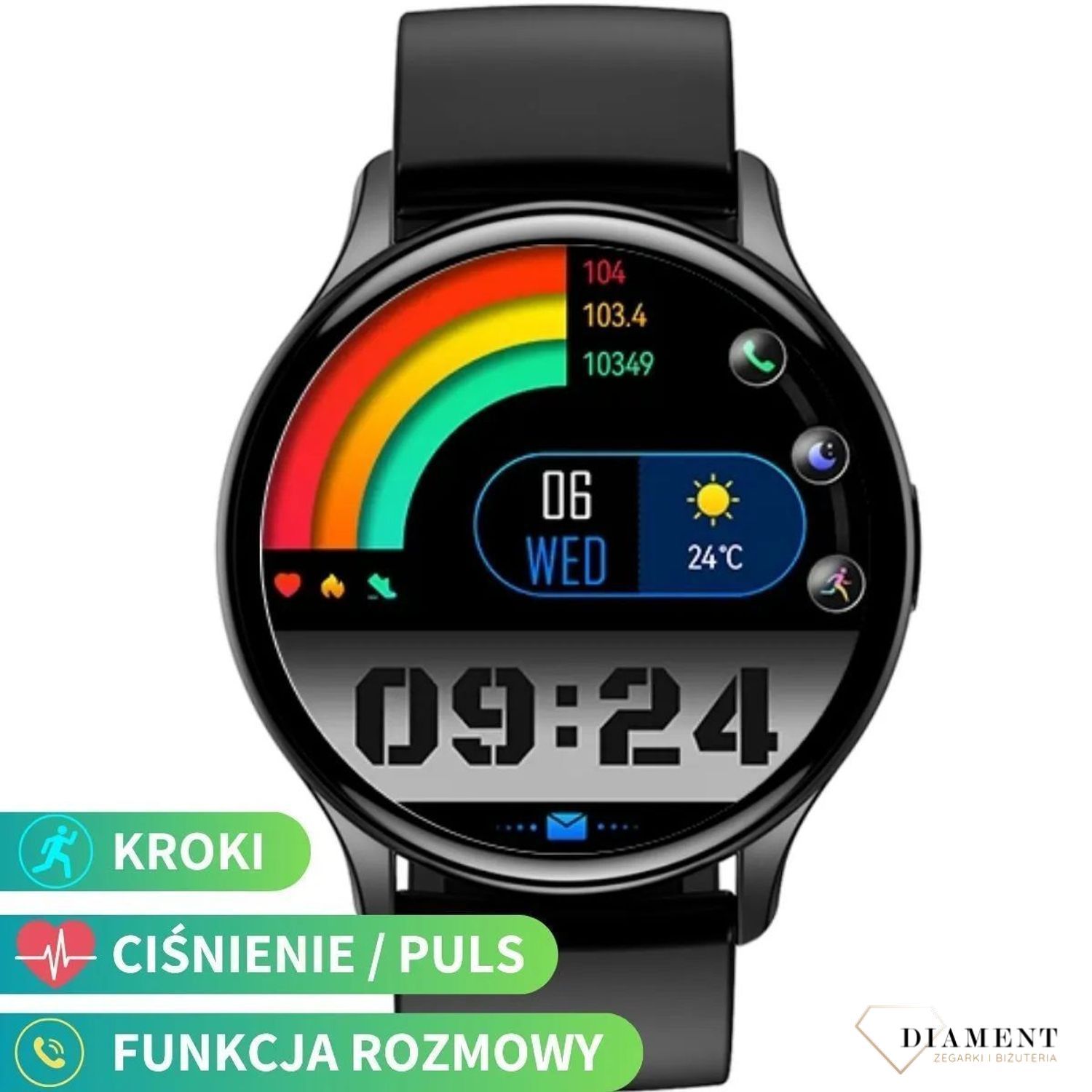 Smartwatch damski Rubicon z rozmowami czarny pasek RNCF11. Smartwatch damski na prezent. Zegarek sportowy damski. Smartwatch na silikonowym pasku. Smartwatch z rozmowami telefonicznymi..jpg